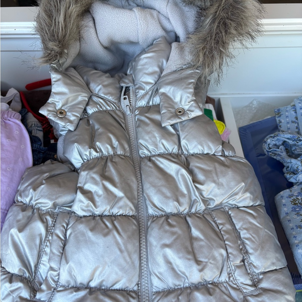 Old Navy Silver Puffer Vest with Faux Fur Hood
